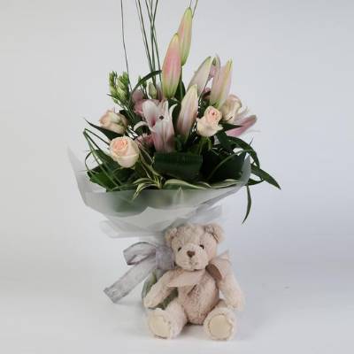 Lily and Rose Bouquet with Chandler Bear