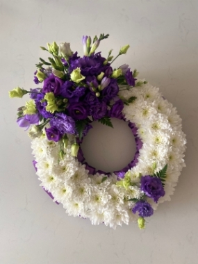 Purple lisianthus and Freesia wreath
